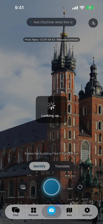 CityChat camera pointed at St Mary’s Basilica in Kraków, with the Identify and Translate modes
