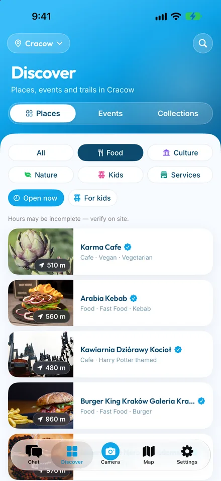 CityChat Discover in Kraków — Food with the Open now filter, places sorted by distance