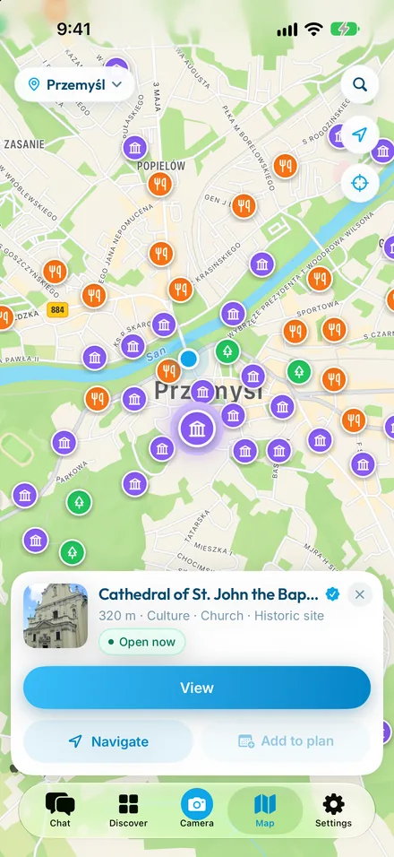 CityChat map in Przemyśl — category pins around the old town, with the Cathedral of St John the Baptist open