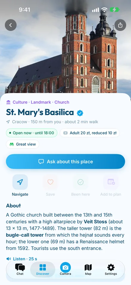 CityChat place card for St Mary’s Basilica in Kraków — open now, ticket prices, Ask about this place, Navigate, Save, Been here and Add to plan