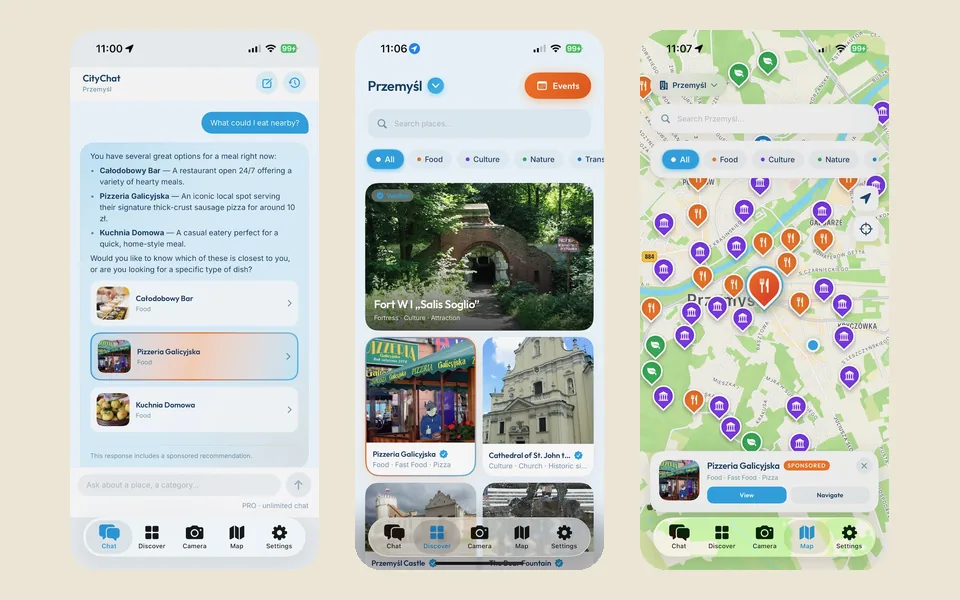 CityChat app screens: chat, Discover and the map