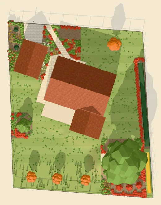 Top-down plan of an invented test plot: a house turned at an angle, a garage, a hedge along one side, a large walnut tree, beds and a lawn