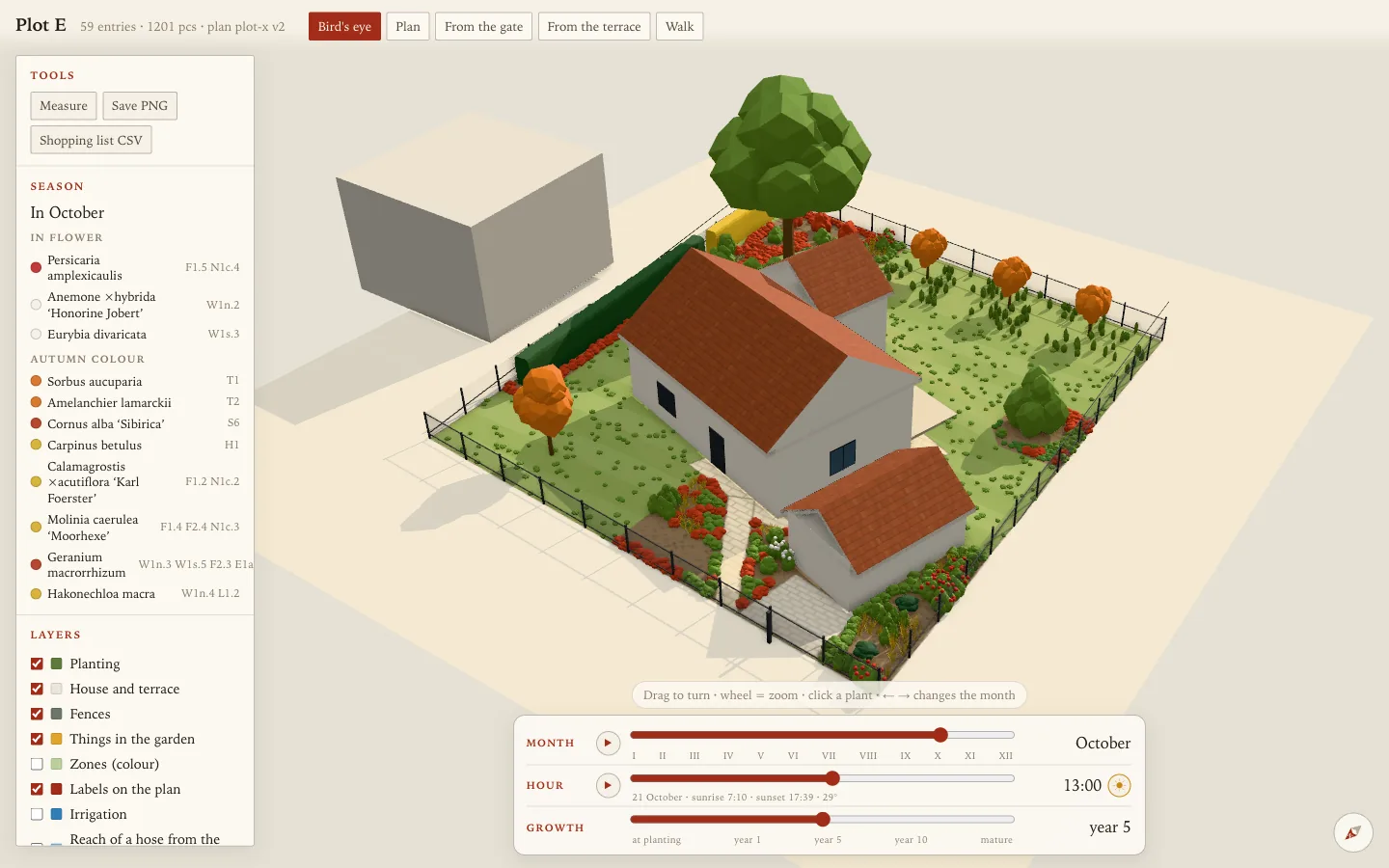 The garden planner's 3D viewer showing test plot E: a house with a garage, a walnut tree, beds and a lawn, with month, hour and growth sliders
