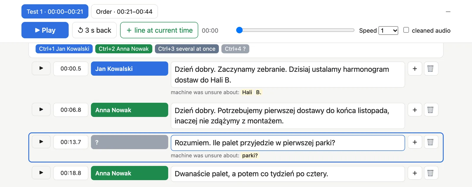 The review page: a tab per passage, a player, and lines with a time, a colored speaker name and editable text; one line has no speaker yet and a hint that the machine was unsure about one word